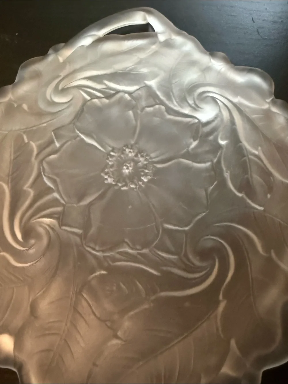 Vintage Frosted Glass Floral Handled Serving Tray Flower Leaf Platter